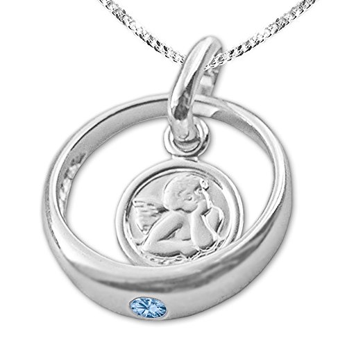 CLEVER SCHMUCK Taufkettchen Taufring Anhänger Engel rund Zirkonia blautopas-hellblau Kette Panzer 34 cm Sterling Silber 925 im Taufe Etui türkis von CLEVER SCHMUCK