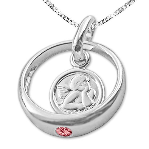 CLEVER SCHMUCK Mädchen Taufkettchen Taufring Ø 12 mm mit Schutzengel rund Zirkonia rubin-rot Kette Panzer 34 cm Sterling Silber 925 im Taufe Etui weiß von CLEVER SCHMUCK