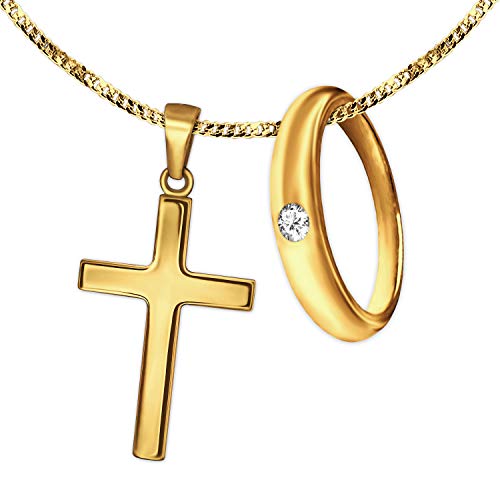 CLEVER SCHMUCK Set 2 Goldene Anhänger Taufring Ø 12 mm schlicht mit Zirkonia weiß & Kinder Kreuz 15 mm schlicht & feiner Kette Panzer 38 cm glänzend, Alles 333 Gold 8 Karat Taufschmuckset von CLEVER SCHMUCK