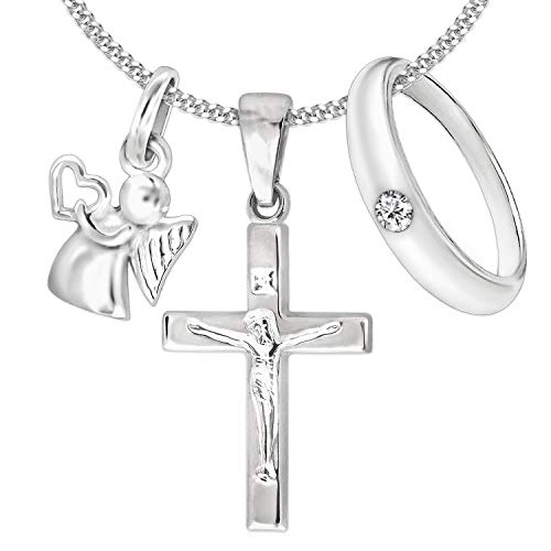 CLEVER SCHMUCK Set Kinder Taufkette 3 Silberne Anhänger Jesus Kreuz 17mm & Taufring Zirkonia weiß & Mini Engel mit Herz & Kette Panzer 38cm STERLING SILBER 925 im Schmucketui von CLEVER SCHMUCK