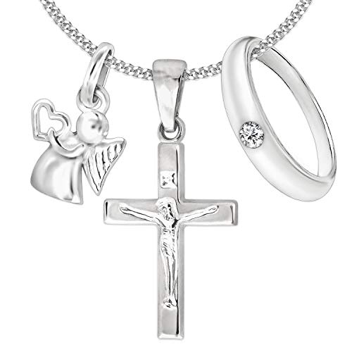 CLEVER SCHMUCK Set Kinder Taufkette 3 Silberne Anhänger Jesus Kreuz 17mm & Taufring Zirkonia weiß & Mini Engel mit Herz & Kette Panzer 38cm STERLING SILBER 925 im Taufe Etui weiss von CLEVER SCHMUCK