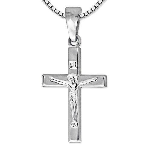 CLEVER SCHMUCK Kinder Anhänger Mini Kreuz 17 mm gerade schlicht Form mit Jesus und Kette Venezia 36 cm 925 Sterling Silber im Schmucketui von CLEVER SCHMUCK