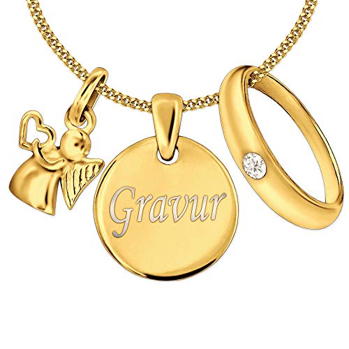 CLEVER SCHMUCK Set Gold Taufkettchen 3 Anhänger Platte 12mm mit Gravur + Engel mit Herz 10mm Herz + Taufring mit Stein + Kette Sterling Silber 925 Gold-plattiert Taufgeschenk in Schmuckverpackung von CLEVER SCHMUCK