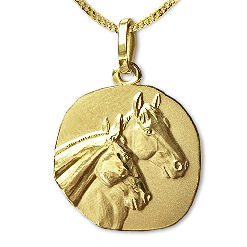 CLEVER SCHMUCK Set Goldener Anhänger 2 Pferde als Medaille Pferdeköpfe teilmatt 333 GOLD 8 KARAT und vergoldeter Kette Panzer 45 cm im Etui von CLEVER SCHMUCK