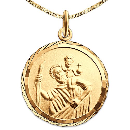 CLEVER SCHMUCK Set Goldener Anhänger Christopherus rund Ø 16 mm mit Rand diamantiert Rückseite Gott schütze Dich 333 GOLD 8 KARAT mit vergoldeter Kette Panzer 45 cm von CLEVER SCHMUCK