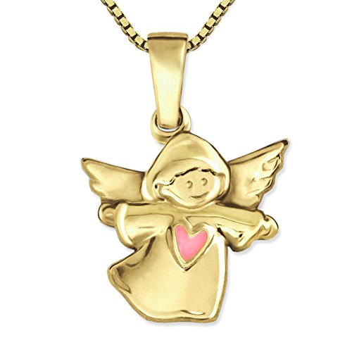 CLEVER SCHMUCK Set Goldener Anhänger Kinderengel 11 x 13 mm mit Herz rosa lackiert glänzend 333 Gold 8 Karat und vergoldeter Kette Venezia 38 cm im Etui rosa von CLEVER SCHMUCK