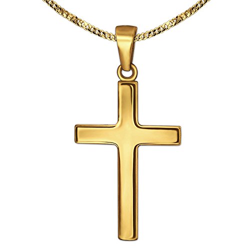 CLEVER SCHMUCK Set Goldener Anhänger Kreuz 21 mm schlicht glänzend 375 GOLD 9 KARAT mit vergoldeter Kette Panzer 45 cm im Kreuz Etui sand von CLEVER SCHMUCK