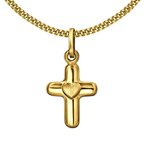 CLEVER SCHMUCK Set Goldener Anhänger Mini Kreuz 9 x 11 mm glänzend beidseitig abgerundete plastische Form mit Herz matt mittig 333 GOLD 8 KARAT und vergoldeter Kette Panzer 40 cm von CLEVER SCHMUCK