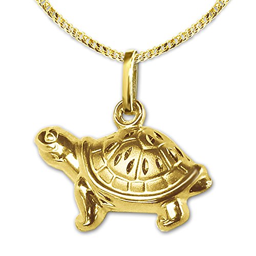 CLEVER SCHMUCK Set Goldener Anhänger Schildkröte 15 x 7 mm beidseitig plastisch figürliche Form, Seiten glänzend und matt diamantiert 333 Gold 8 KARAT mit vergoldeter Kette Panzer 45 cm im Etui weiß von CLEVER SCHMUCK