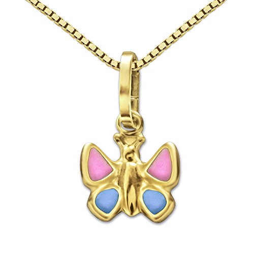 CLEVER SCHMUCK Set Goldener Anhänger kleiner Schmetterling 7 x 6 mm pink blau lackiert glänzend 333 GOLD 8 KARAT mit vergoldeter Kette Venezia 36 cm für Kinder von CLEVER SCHMUCK