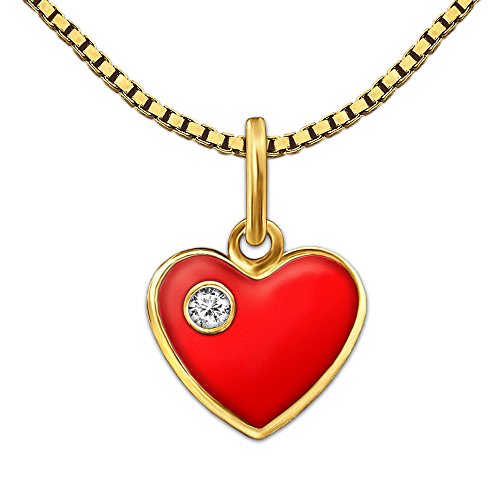 CLEVER SCHMUCK Set Goldener Anhänger kleines Herz 8 mm rot lackiert mit einem kleinen Stein weiß glänzend 333 GOLD 8 KARAT mit vergoldeter Venezia 40 cm von CLEVER SCHMUCK