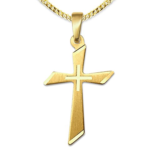 CLEVER SCHMUCK Set Goldener Anhänger kleines Kreuz 18 mm matt innen diamantiert schräg abgerundete Form 333 GOLD 8 KARAT mit vergoldeter Kette Panzer 42 cm im Kreuz-Etui von CLEVER SCHMUCK