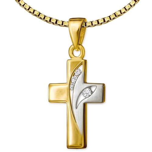CLEVER SCHMUCK Set Goldener Anhänger kleines Kreuz 3 + 1 Zirkonias geschwungen Bicolor 333 Gold 8 Karat mit Kette Venezia 40 cm vergoldet von CLEVER SCHMUCK