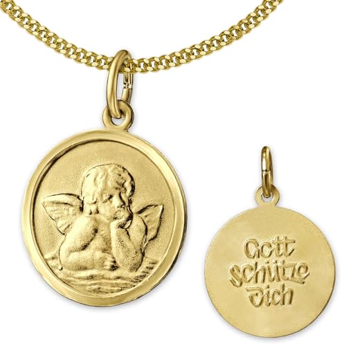 CLEVER SCHMUCK Goldener Engel Anhänger rund Ø 14 mm Rückseite Gott schütze Dich 333 Gold 8 Karat & vergoldeter Kette Panzer 45 cm im Etui weiß von CLEVER SCHMUCK