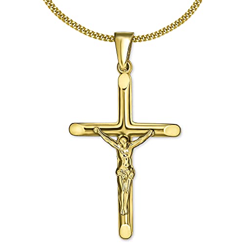 CLEVER SCHMUCK Set Goldener Jesus Kreuz Anhänger 26 mm plastische Form halbrunde Balken an den Enden abgeflacht 333 GOLD 8 KARAT und vergoldeter Kette Panzer 50 cm im Etui von CLEVER SCHMUCK