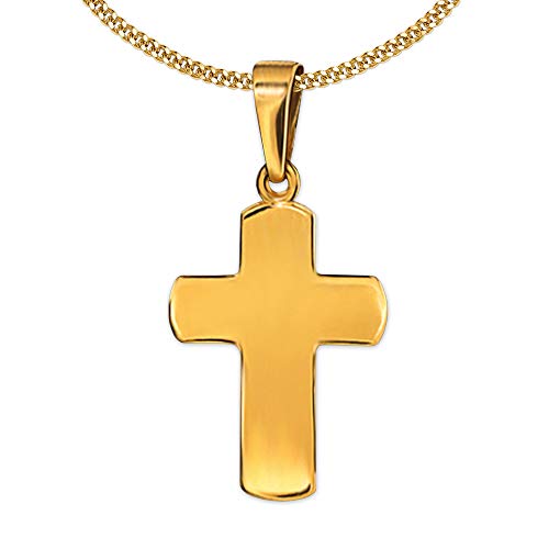 CLEVER SCHMUCK Set Goldener Kinder Kreuz Anhänger 12 mm breite Balken leicht gewölbte Form hochglänzend poliert 333 GOLD 8 KARAT und vergoldeter Kette Panzer 42 cm im Kreuz-Etui von CLEVER SCHMUCK