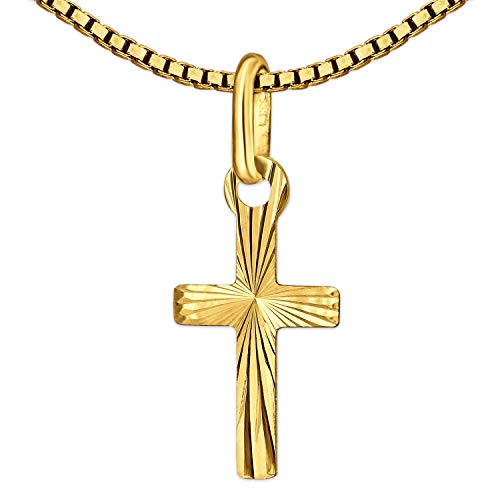 CLEVER SCHMUCK Set Goldener kleiner Kreuz Anhänger 12 mm strahlenförmig glänzend diamantiert 333 GOLD 8 Karat mit vergoldeter Kette Venezia 36 cm von CLEVER SCHMUCK