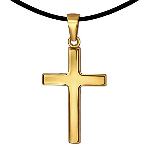 CLEVER SCHMUCK Set Goldener Kreuz Anhänger 21 mm schlicht glänzend & Kautschukband schwarz 925 Sterling Silber gold-plattiert von CLEVER SCHMUCK