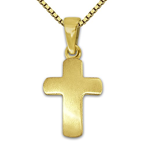 CLEVER SCHMUCK Set Goldener Mini Anhänger kleines schlichtes Kreuz 12 mm seidenmatt leicht gewölbt 333 GOLD 8 KARAT und vergoldete Kette Venezia 36 cm im Kreuz Etui sand von CLEVER SCHMUCK