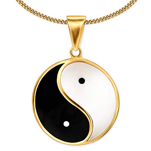 CLEVER SCHMUCK Halskette goldener großer Yin Yang Anhänger Ø 23 mm schwarz weiß lackiert Kette Panzer 45 cm 925 Silber gold-plattiert im Etui weiß von CLEVER SCHMUCK