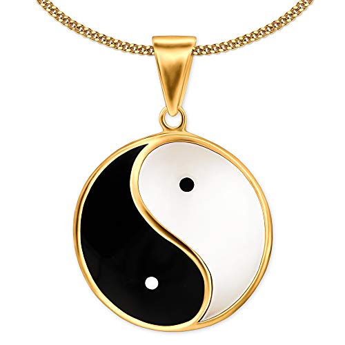 CLEVER SCHMUCK Halskette Goldener großer Yin Yang Anhänger Ø 23 mm schwarz weiß lackiert Kette Panzer 925 Silber Gold-plattiert im Etui weiß von CLEVER SCHMUCK