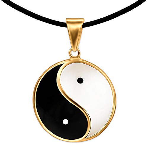CLEVER SCHMUCK Goldener großer großer Yin Yang Anhänger Ø 23 mm schwarz weiß lackiert 925 Sterling Silber gold-plattiert + Kautschukband 45 cm lang + Schmucketui von CLEVER SCHMUCK