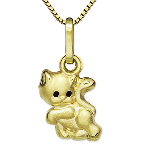 CLEVER SCHMUCK Set Goldener kleiner Anhänger Mini Katze 8 mm Augen schwarz seidenmatt teils glänzend 333 GOLD 8 KARAT mit vergoldeter Kette Venezia 38 cm für Kinder von CLEVER SCHMUCK