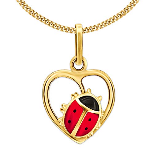 CLEVER SCHMUCK Golderner Marienkäfer im Herz Anhänger mit Kette Panzer 925 Sterling Silber Gold-plattiert im Schmucketui von CLEVER SCHMUCK