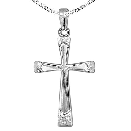 CLEVER SCHMUCK Set Halskette Damen Kreuz Anhänger 24 mm schmal glänzend Balkenenden außen breiter matt & Kette Panzer 50 cm STERLING SILBER 925 im Kreuz-Etui von CLEVER SCHMUCK