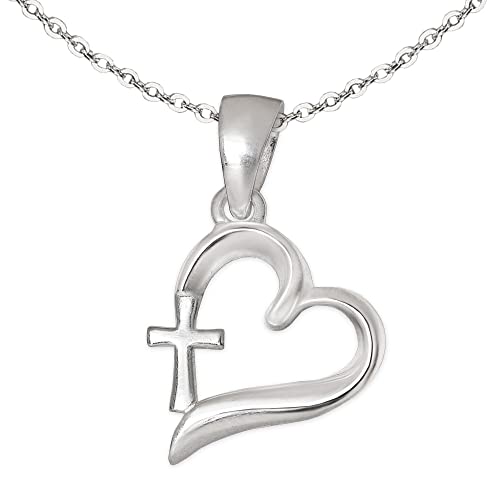 CLEVER SCHMUCK Halskette Kreuz im Herz 12 mm schlicht & feine Kette Anker 40 cm für Kinder zur Erstkommunion Konfirmation 925 Sterling Silber im Schmucketui von CLEVER SCHMUCK