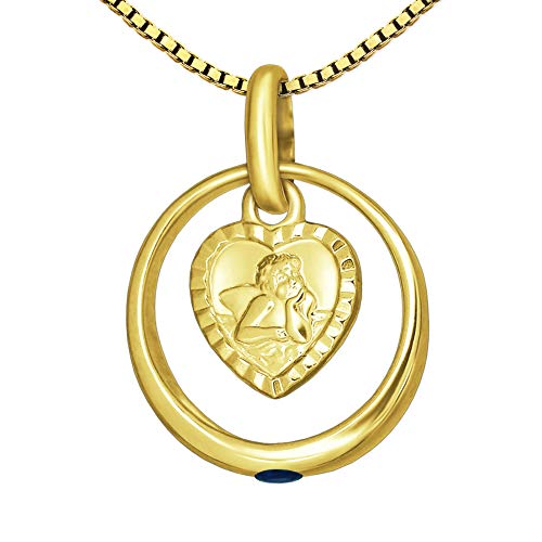 CLEVER SCHMUCK Jungen Taufkette Anhänger Taufring Edelstein Safir Engel herzförmig matt Rand diamantiert 333 Gold 8 Karat mit vergoldeter Kette im Schmucketui von CLEVER SCHMUCK