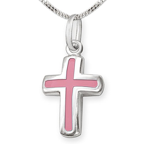CLEVER SCHMUCK Mädchen Halskette Anhänger Mini Kreuz 12 mm rosa & Kette Panzer 38 cm 925 Sterling Silber im Schmucketui von CLEVER SCHMUCK