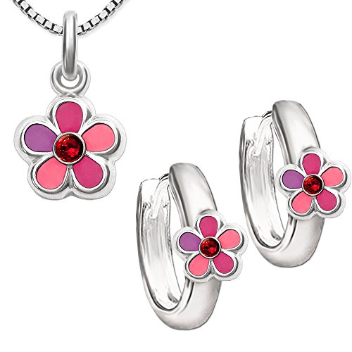 CLEVER SCHMUCK Set Silberne Creolen Blume rosa pink lila mit pinkfarbenen Zirkonia und passender Anhänger STERLING SILBER 925 mit Kette Venezia 42 cm von CLEVER SCHMUCK