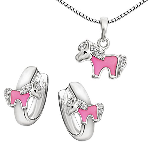 CLEVER SCHMUCK Set Silberne Kindercreolen Ø 10 mm Mini Pony, teils rosa lackiert mit Mehreren Zirkonias und Anhänger 8 mm und Kette Venezia 38 cm glänzend Sterling Silber 925 für Kinder mit Etui rosa von CLEVER SCHMUCK