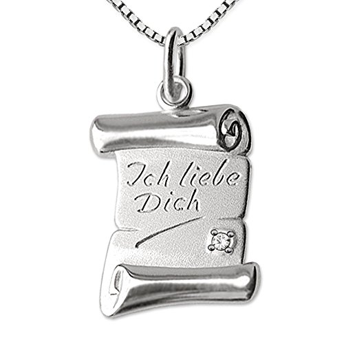 CLEVER SCHMUCK Set Silberner Anhänger 17 mm als Briefrolle Ich liebe Dich matt Rollen glänzend mit einem Zirkonia und Kette Venezia 50 cm STERLING SILBER 925 im Etui von CLEVER SCHMUCK