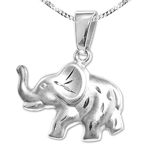 CLEVER SCHMUCK Set Silberner Anhänger Elefant 16 x 10 mm vorn matt diamantiert - hinten glänzend (beidseitig tragbar) mit Kette Panzer 45 cm Sterling Silber 925 von CLEVER SCHMUCK