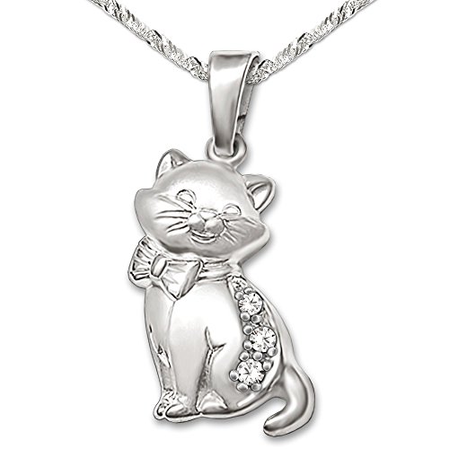 CLEVER SCHMUCK Damen Halskette Anhänger elegante Katze 15 mm mit 3 Zirkonias matt Kette Singapur 45 cm 925 Sterling Silber im Etui weiß von CLEVER SCHMUCK