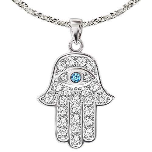 CLEVER SCHMUCK Halskette Anhänger Fatima Hand 20 x 16 mm mit vielen Zirkonias und Auge blau schwarz weiß mit Kette Singapur 45 cm Sterling Silber 925 für Mädchen, Damen im Schmucketui von CLEVER SCHMUCK