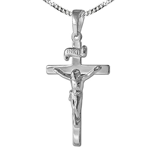 CLEVER SCHMUCK Halskette mit Jesuskreuz Anhänger 5 mm INRI flache Form glänzend Kette Panzer 45 cm STERLING SILBER 925 im Schmucketui von CLEVER SCHMUCK