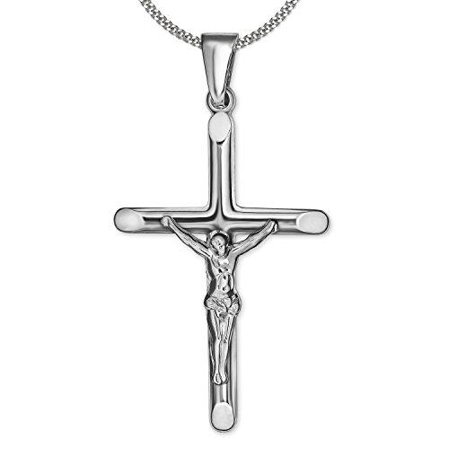 CLEVER SCHMUCK Set Silberne Kruzifixkette Jesus Kreuz 27 mm plastsiche Form, schmale halbrunde Balken an den Enden abgeflacht & Kette Panzer 50 cm STERLING SILBER 925 im Kreuz-Etui von CLEVER SCHMUCK