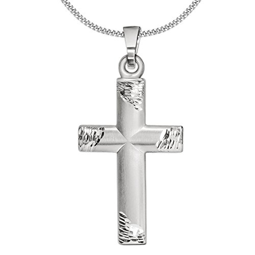 CLEVER SCHMUCK Set Silberner Anhänger Kreuz 20 x 13 mm seidenmatt halbrund gewölbte Form mit Enden diamantiert glänzend und Kette Panzer 45 cm Sterling Silber 925 von CLEVER SCHMUCK