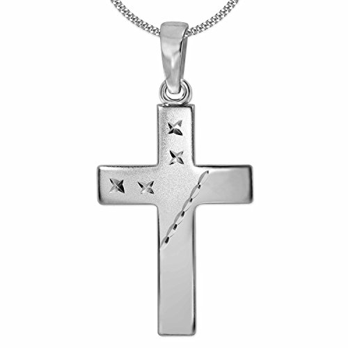 CLEVER SCHMUCK Damen Halskette Anhänger Kreuz 21 mm matt mit 4 Sternen teils glänzend und Linie quer diamantiert sowie Kette Panzer 50 cm 925 Sterling Silber im Schmucketui von CLEVER SCHMUCK