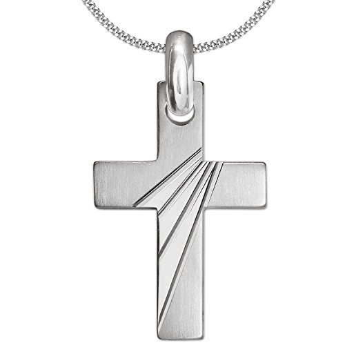 CLEVER SCHMUCK Set Silberner Anhänger Kreuz 30 x 20 mm matt gebürstet Innen Quer glänzend mit 4 Linien diamantiert und Kette Panzer 45 cm Sterling Silber 925 für Männer von CLEVER SCHMUCK