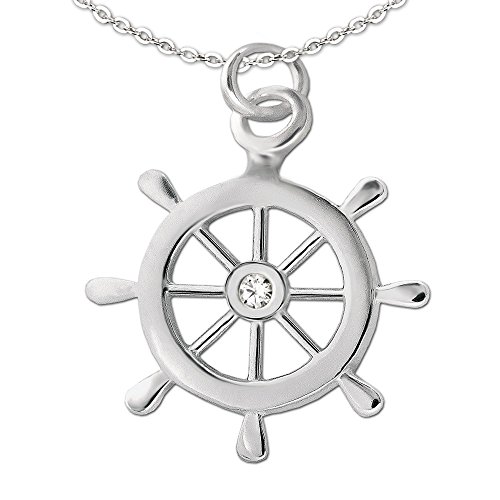 CLEVER SCHMUCK Set Silberner Anhänger Steuerrad Schiff Ø 15 mm mit Zirkonia weiß mittig glänzend und Kette Anker 42 cm Sterling Silber 925 von CLEVER SCHMUCK