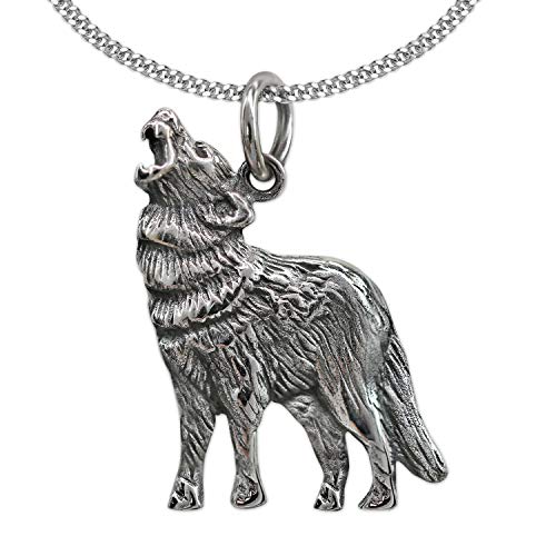 CLEVER SCHMUCK Set Silberner Anhänger Wolf heulend 23 mm antik & Kette Panzer 45 cm Sterling Silber 925 in Schmuckverpackung von CLEVER SCHMUCK