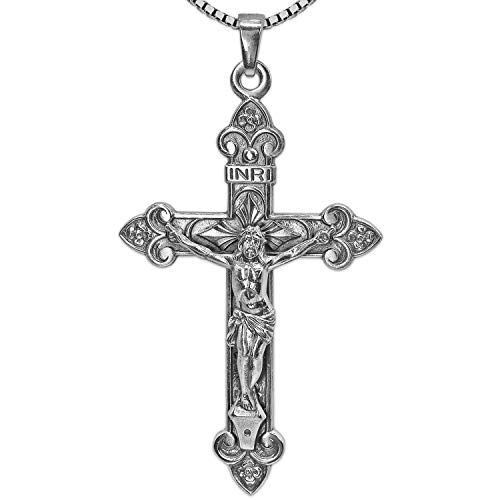 CLEVER SCHMUCK Halskette Anhänger großes Jesus Kreuz 42 x 22 mm INRI Design barock Kette 925 Sterling Silber im Schmucketui von CLEVER SCHMUCK