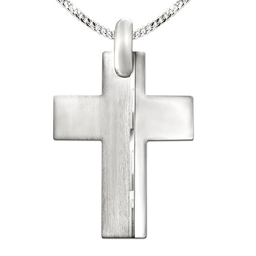 CLEVER SCHMUCK Herren Halskette und Anhänger großes Kreuz 34 mm breite Balken matt glänzend mit Linie diamantiert + Kette Panzer 60 cm Sterling Silber 925 im Kreuz Etui schwarz von CLEVER SCHMUCK