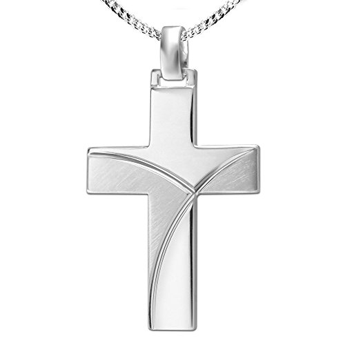 CLEVER SCHMUCK Kreuzkette mit Herren Kreuz 30 mm geschwungene Applikation im Diamantschliff teilmatt + Kette Panzer 45 cm Sterling Silber 925 im Kreuz Etui schwarz von CLEVER SCHMUCK