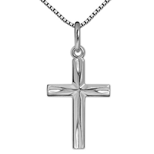 CLEVER SCHMUCK Kinder Halskette Anhänger kleines Kinder Kreuz 17 mm Enden elegant verziert Kette Venezia 40 cm 925 Sterling Silber im Kreuz-Etui weiß von CLEVER SCHMUCK