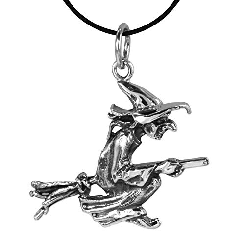 CLEVER SCHMUCK Set Silberner Damen Anhänger Hexe 24 x 30 mm auf Hexenbesen reitend, leicht antik geschwärzt Sterling Silber 925 mit Lederband in Geschenkfaltbox von CLEVER SCHMUCK